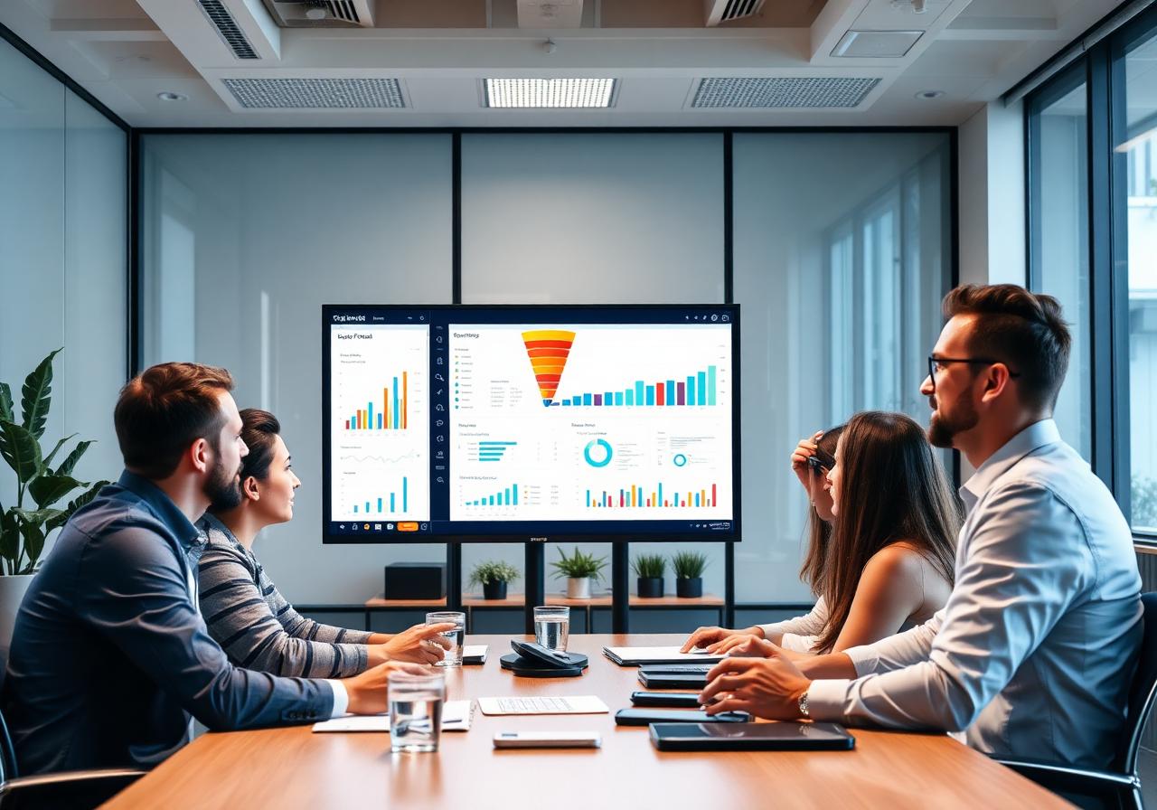 Equipe analisando indicadores e funil de vendas